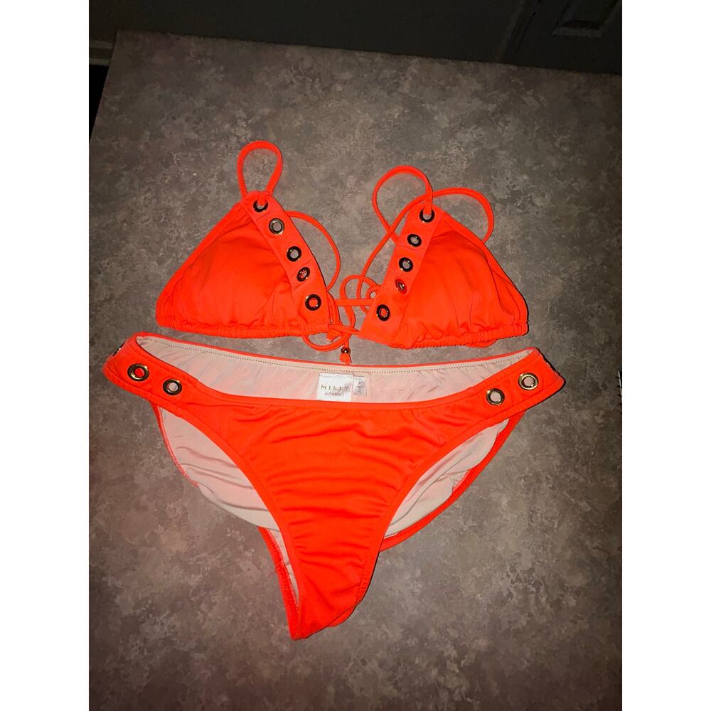 NEW Designer Milly Cabana Women Neon Orange/Gold Grommet Bikini Set Size S